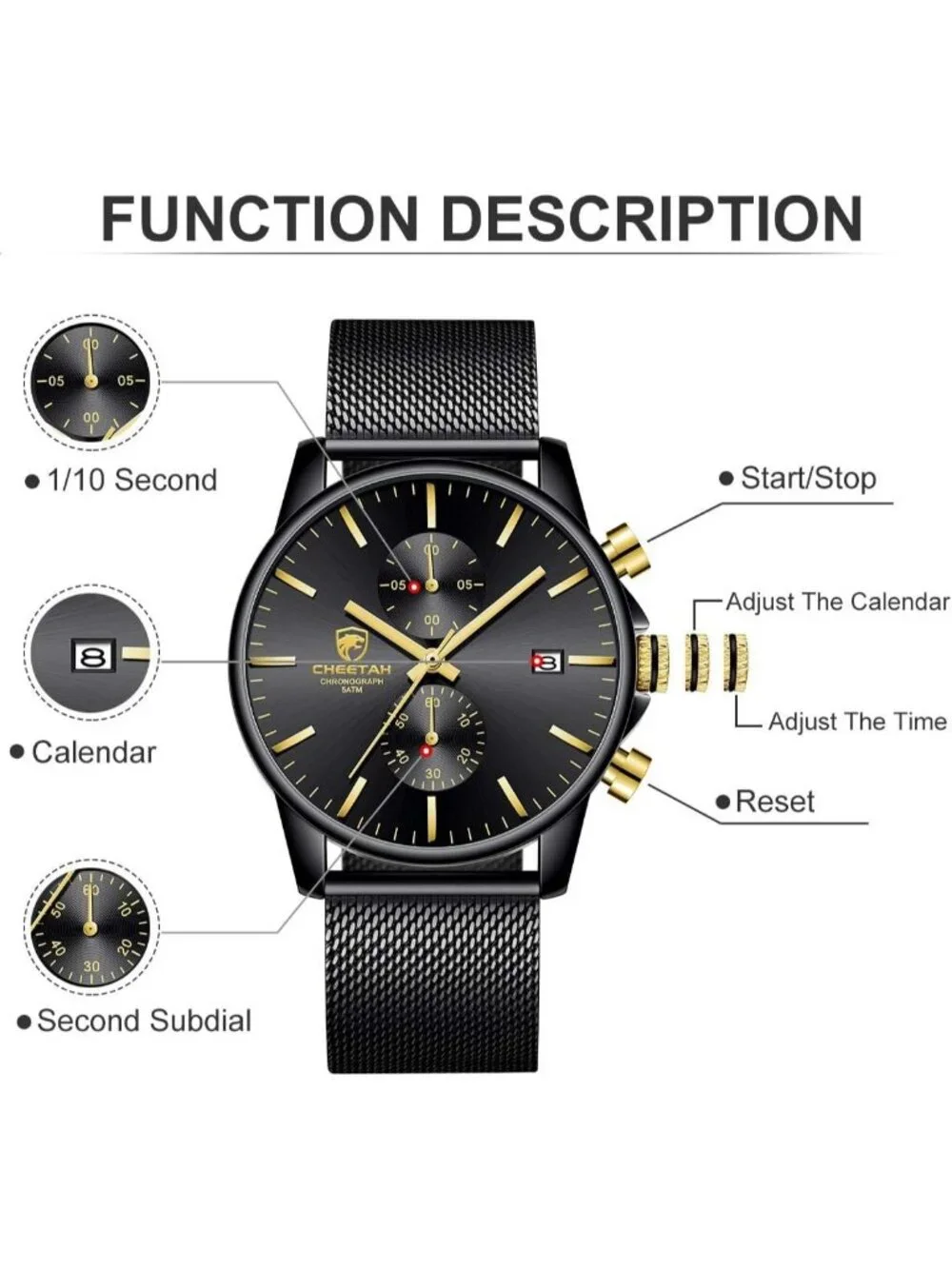 Men's New Gold Black Stainless Steel Minimalist Quartz Analog Chronograph Watch